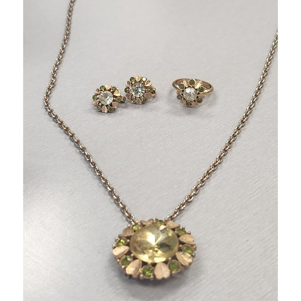 Vtg 1974 Avon Sun Brilliant Demi Parure Set Brooch Necklace Ring Clip  Earrings